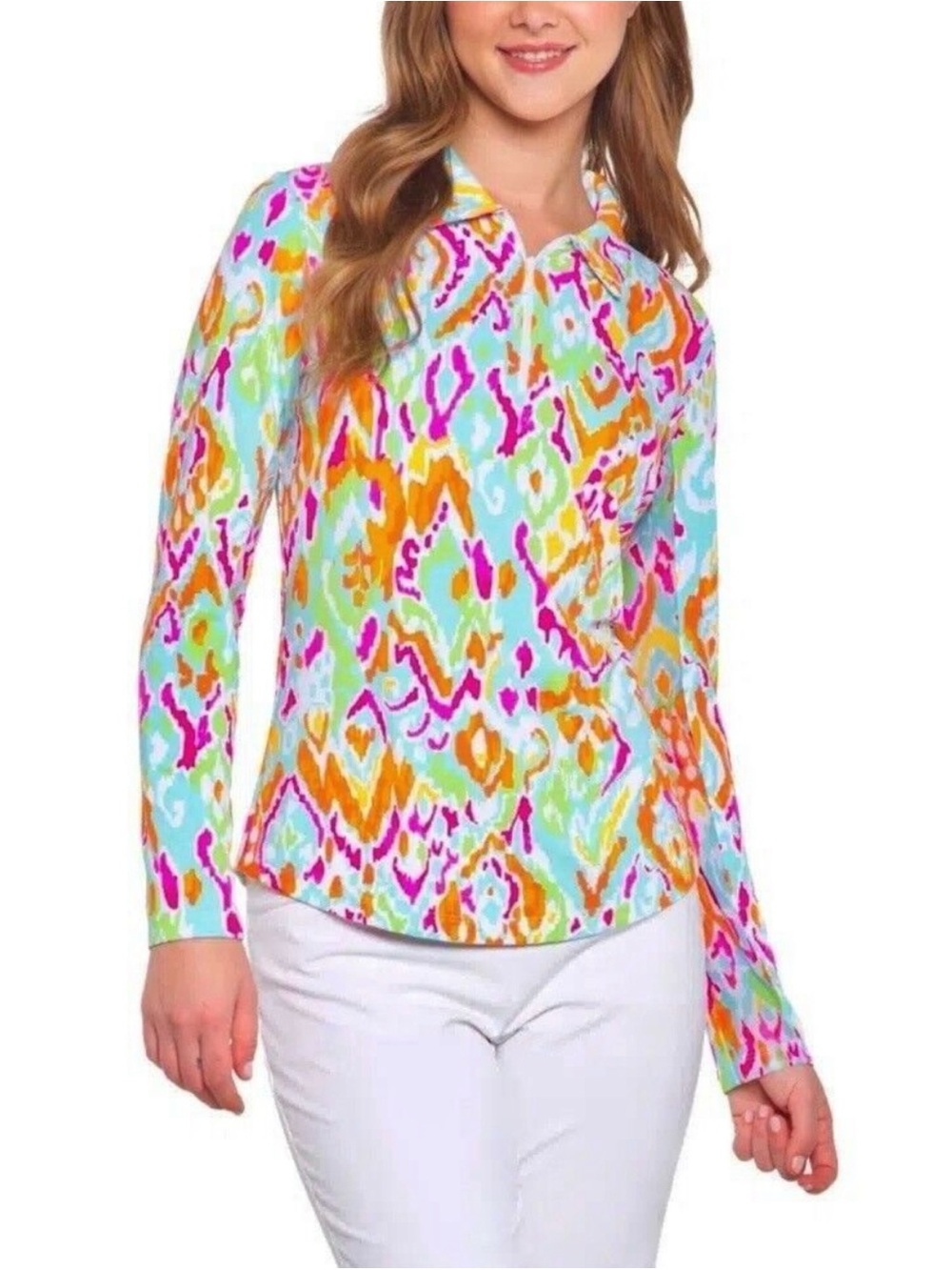 IBKUL Tillie Polo Top Long Sleeve Seafoam Multicolor Size XXL